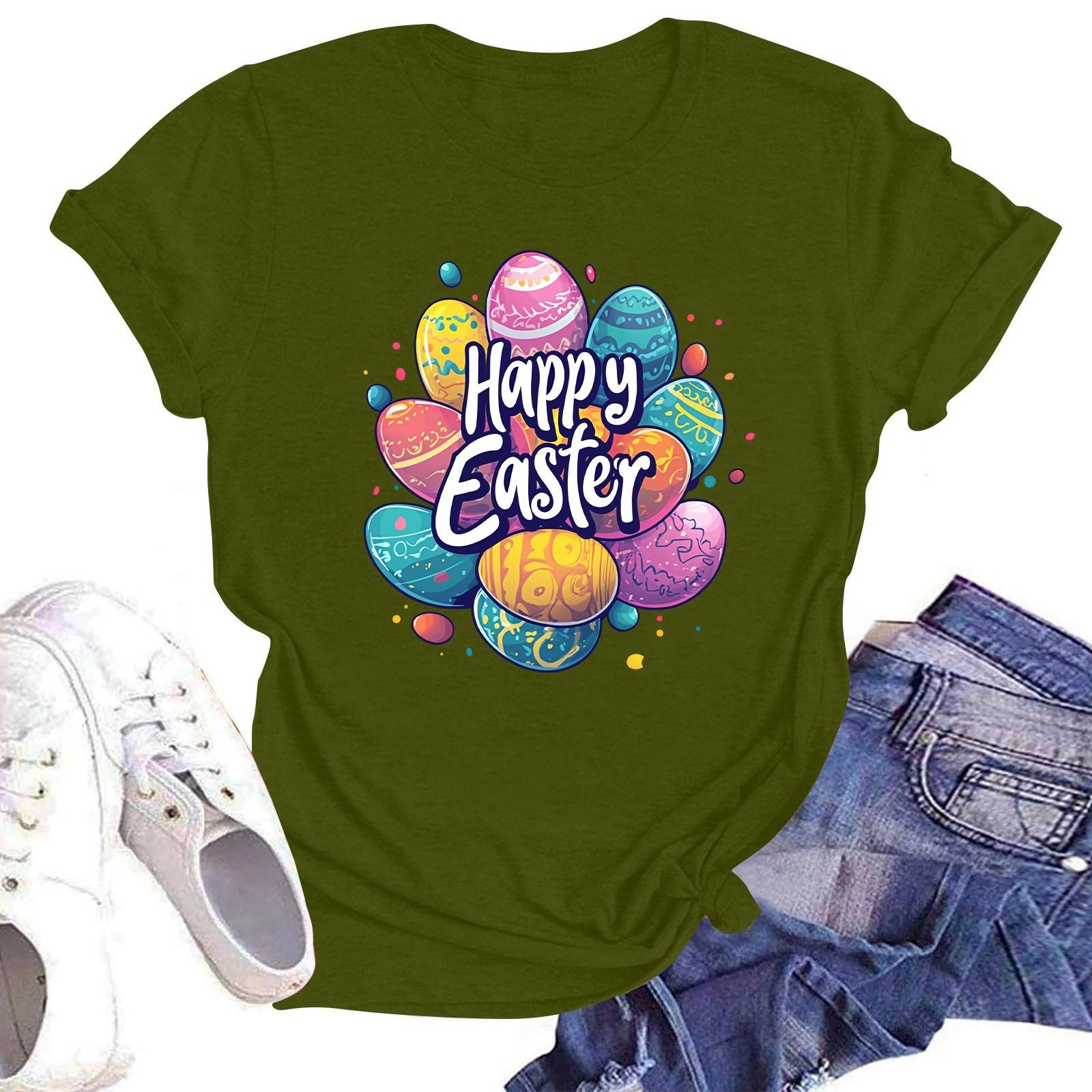 

Счастливой Пасхи женская мода принтованный круглый вырез короткий рукав футболка пуловер топ L армия зеленый