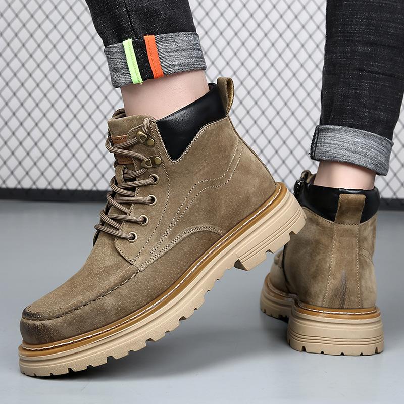 Autumn Winter New Pig Leather Boots Men British Fashion Casual Outdoor Work Boots Man Solid Color Designer Platform Shoes Male
