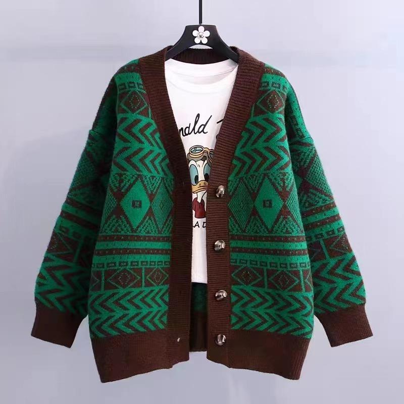 Autumn New Top Knitted Jacket V-neck Sweater Women's Loose Lazy Style Versatile Sweater Cardigan