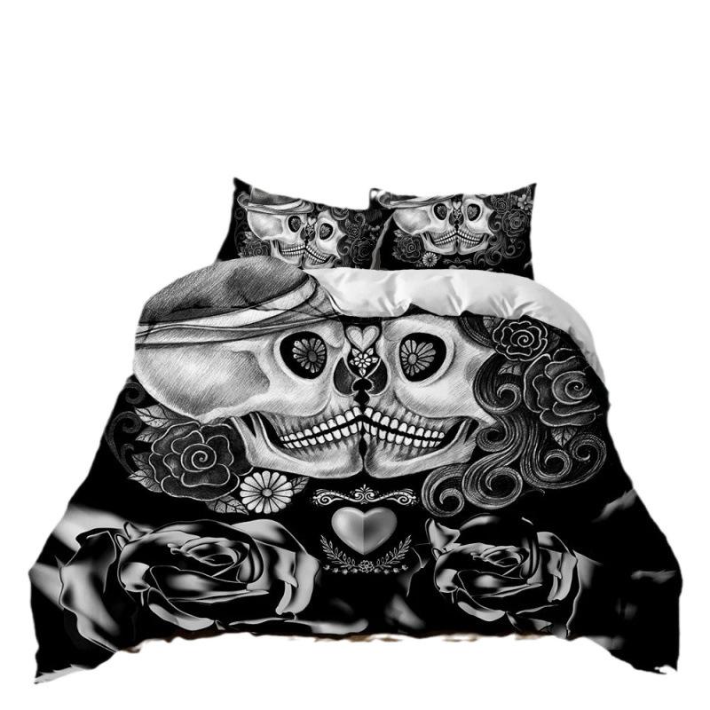 Dark Series Skull Bedding Set Gothic Style Skeleton Duvet Cover Pillowcase Room Decor for Teenagers Adult Halloween Gift