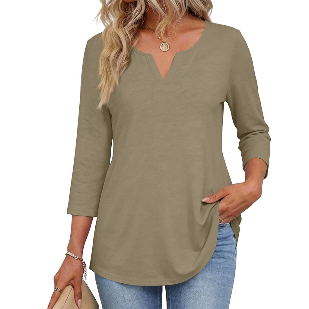 Modisches lässiges Damenoberteil mit V-Ausschnitt und Rundhalsausschnitt, 3/4-Ärmel