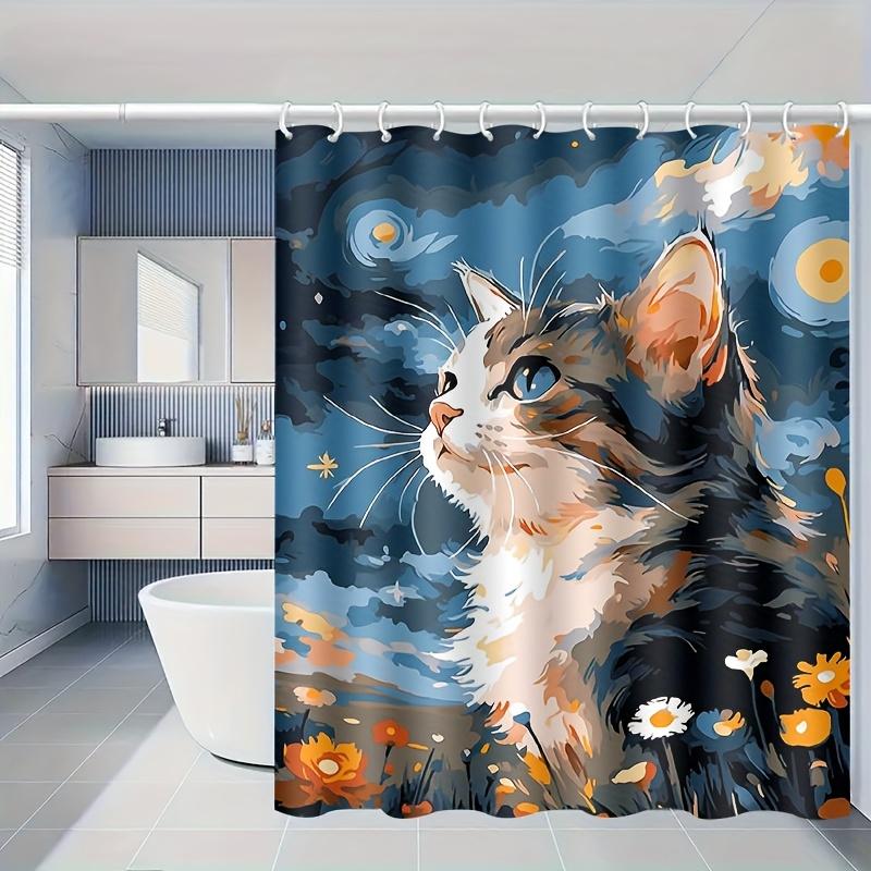 Cat Shower Curtain Starry Sky Art Floral Background Cute Pet Decor Waterproof Fabric Bath Curtain Set Home Decoration