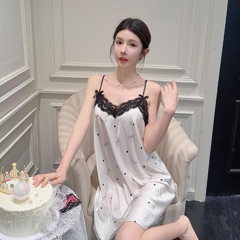 Women’s Summer Ice Silk Nightgown Sexy Sweet Lace Trim Princess Camisole Sleep Dress