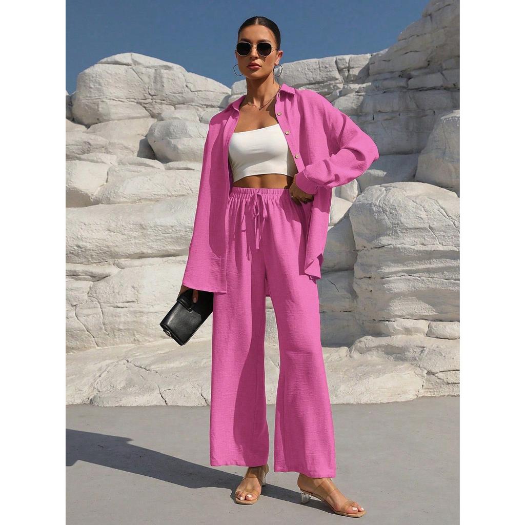 Beach Vacation Solid Color Loose Casual Shirt Skirt Two-piece Suit Women Spring and Summer