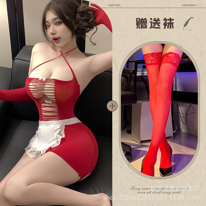 Large size new tearable delicate mesh suit perspective open chest flirting uniform temptation sexy underwear hip maid