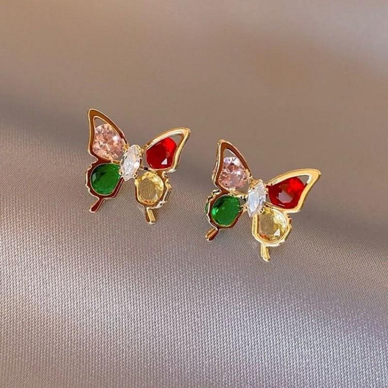 Vintage Colorful Rhinestone Butterfly Stud Earrings Cute Ear Stud Piercing Earrings For Women Girl Party Accessories