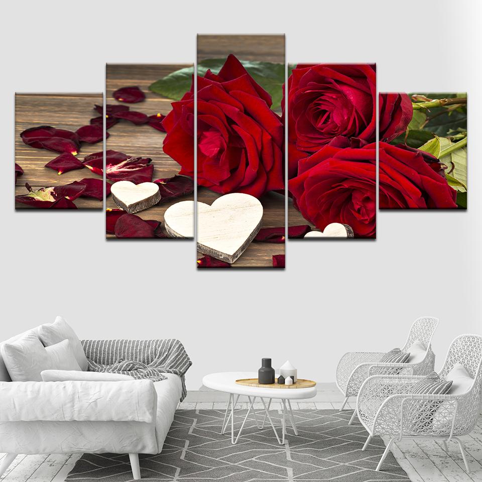 Garden red Roses 5 Piece Wall Art Canvas Print modern Poster Modular art painting for Living Room Home Decor