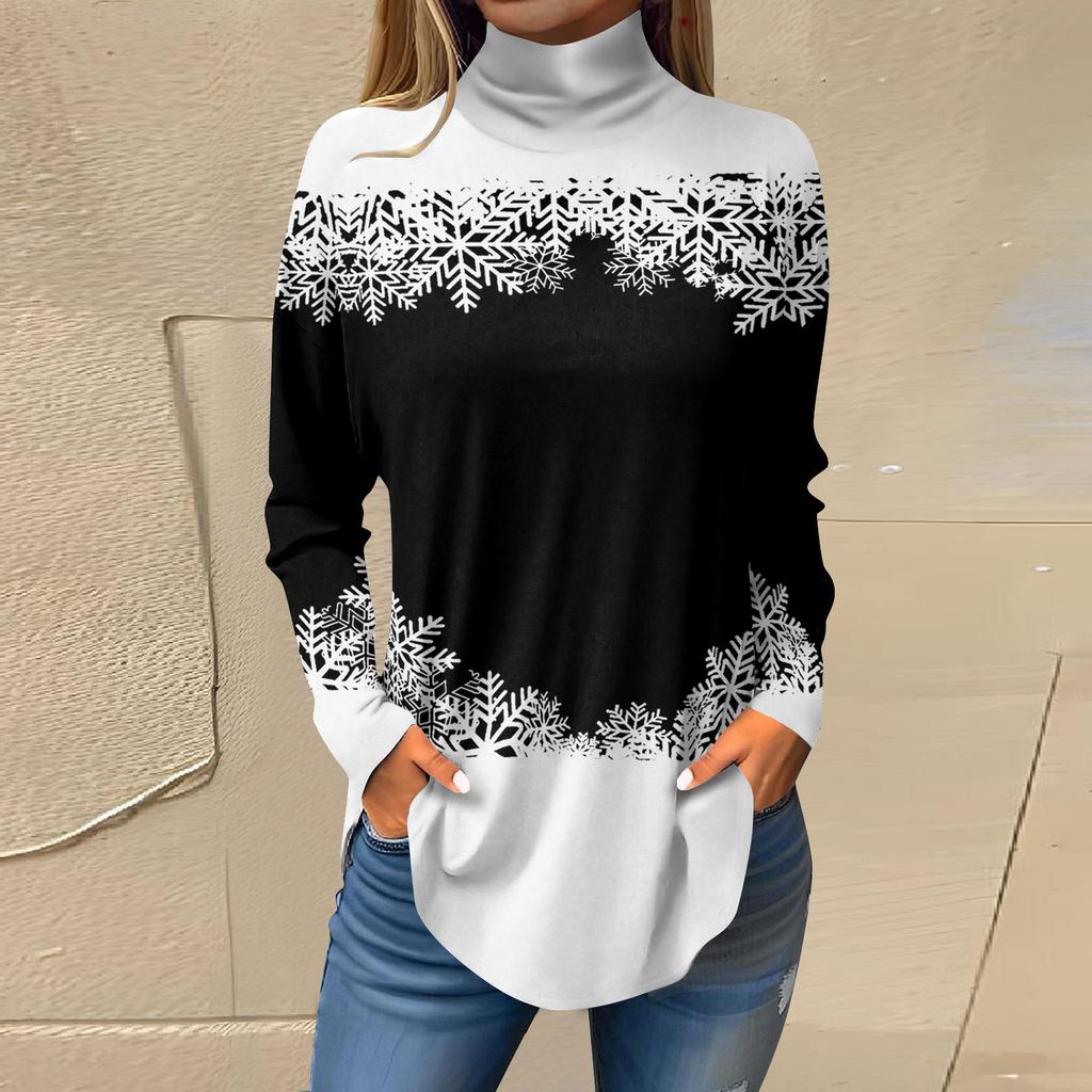 Women Fall Casual Long Sleeve Shirts Sweatshirt Vintage Printed High Neck Top Pullover