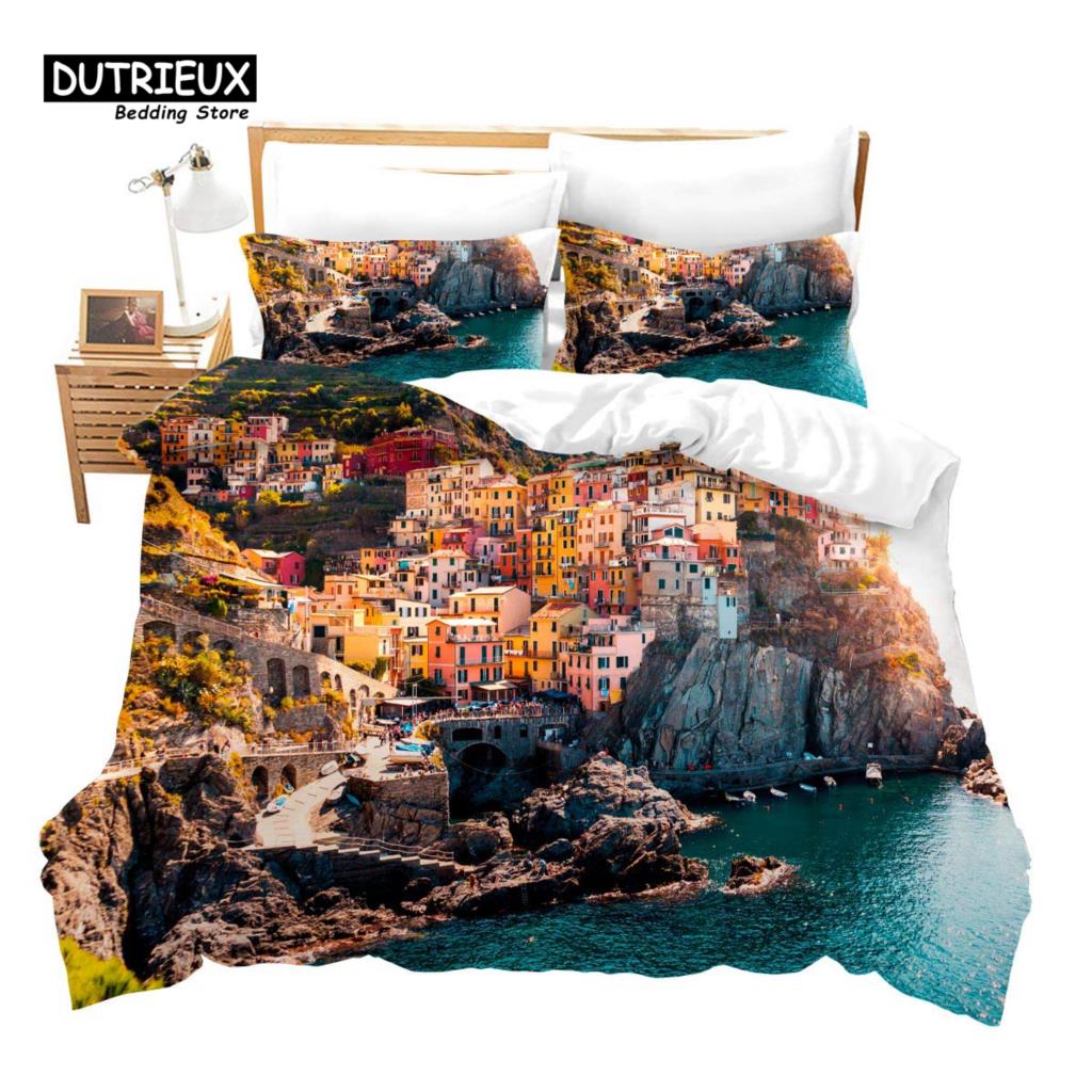 Romantic European Town Bedding Set Cityscape Duvet Cover Set Night Scenery Tower Comforter Cover Ship Bed Cover Twin King Size