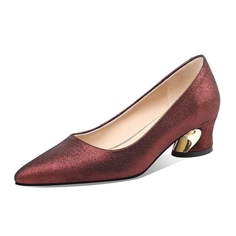 Red Medium Heel Single Shoes Women's Spring and Autumn New Mother-in-law Wedding Banquet Leather Shoes Leather Thick Heel Wedding Mother Shoes Wedding