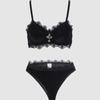 Cross Dark Lace Patchwork Velvet Lingerie Set: Erotic Bra & Panty Style 3061