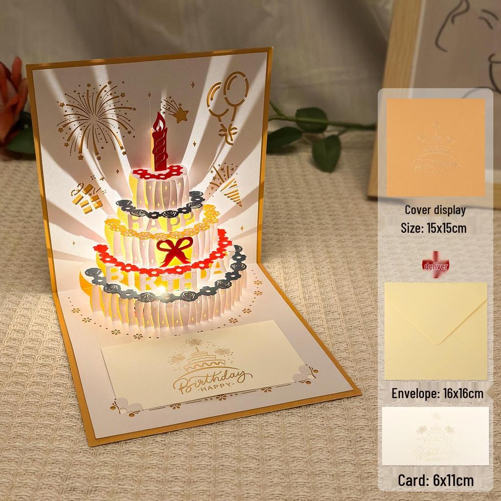 Dźwiękowa kartka urodzinowa 3D Pop-Up ze światłem do nagrywania - Wzór tortu na prezent dla chłopaka/dziewczyny