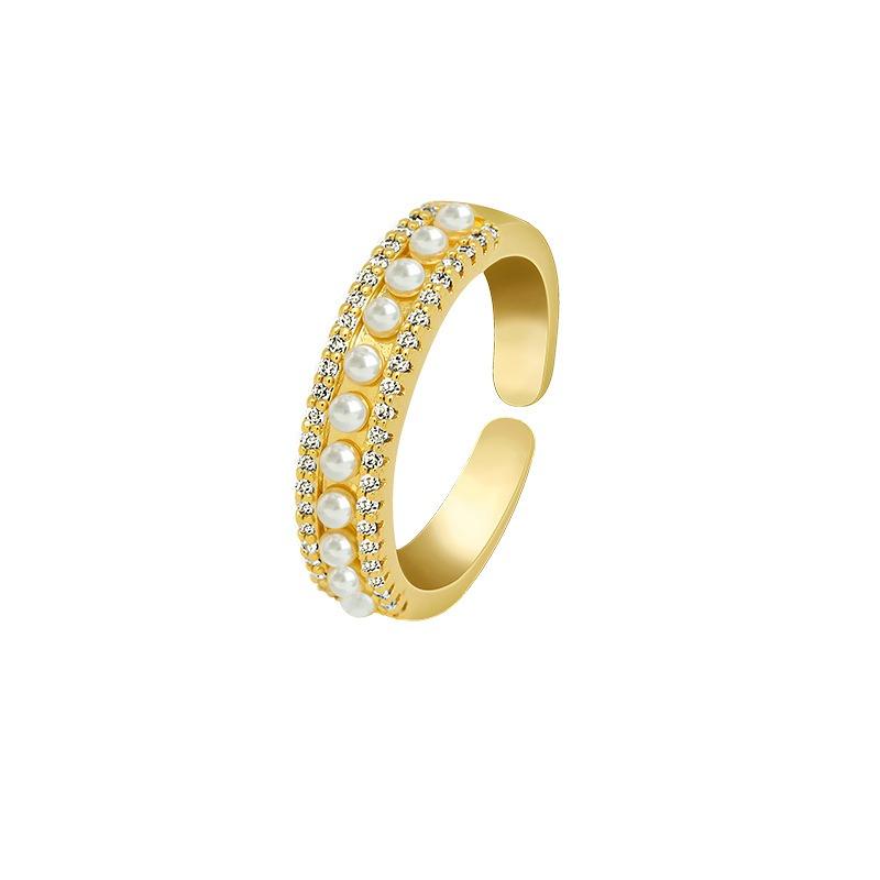 Pure Gold Electroplated Micro-set Pearl Ring for Women, Open Style, Index Finger Ring, Simple and Cool Style Ring