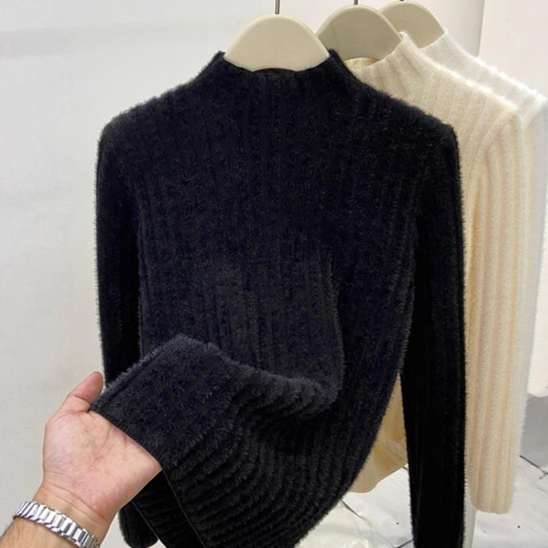 Weicher wachsiger und sanfter Pullover Damen Herbst und Winter Neu Nerzfleece gestrickter Halbrollkragen mit Plüsch Unterhemd