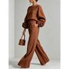 Women's new solid color round neck long-sleeved floral wide-leg pants loose casual suit two-piece set