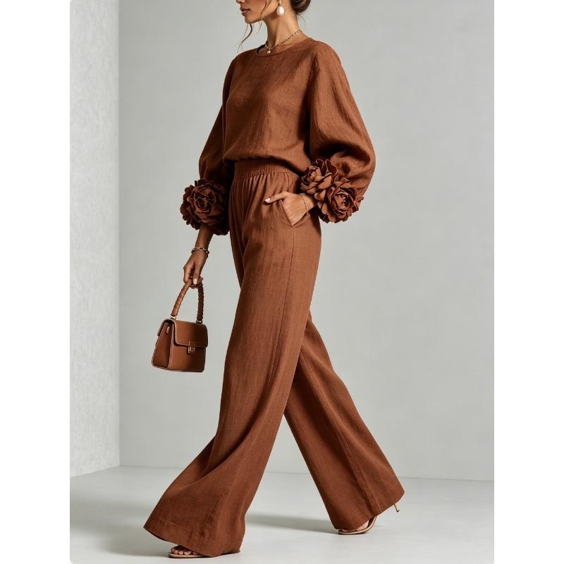 Women's new solid color round neck long-sleeved floral wide-leg pants loose casual suit two-piece set