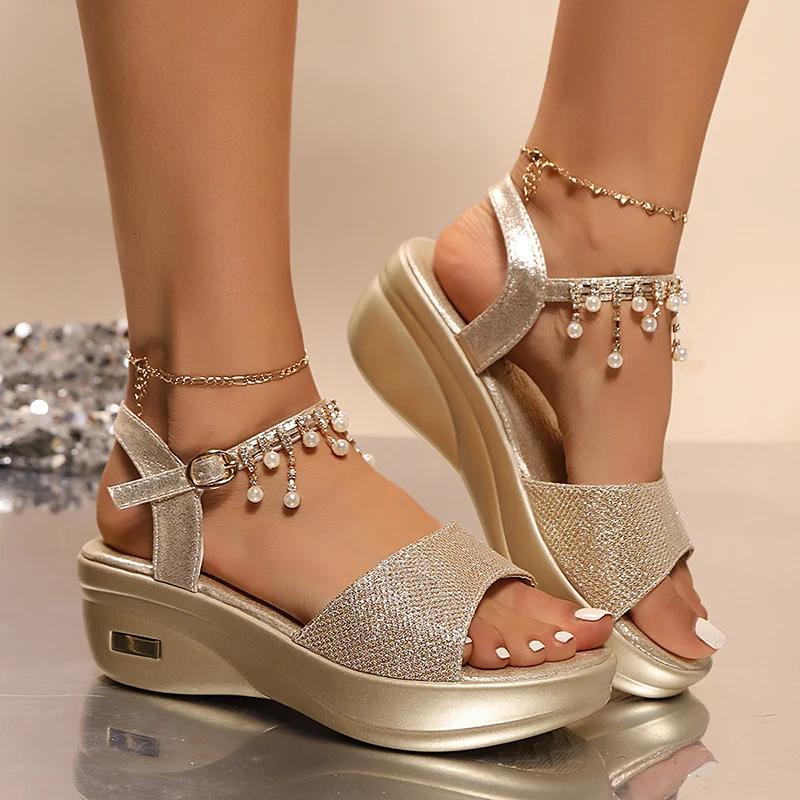 Fashion Elegant Ladies Pearls Ankle Strap Sandals Women 2025 Summer Party Wedding Gold Silver Shoes Woman Wedge Heels Sandalias Mujer 43