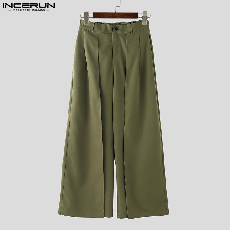 INCERUN Men Zip-up Elastic High Waist Trousers Casual Long Wide Legs Pants