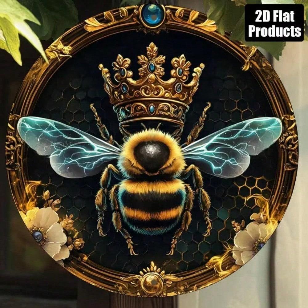 Vintage Round Aluminum Metal Sign Queen Bee Floral Wall Art Home Decor