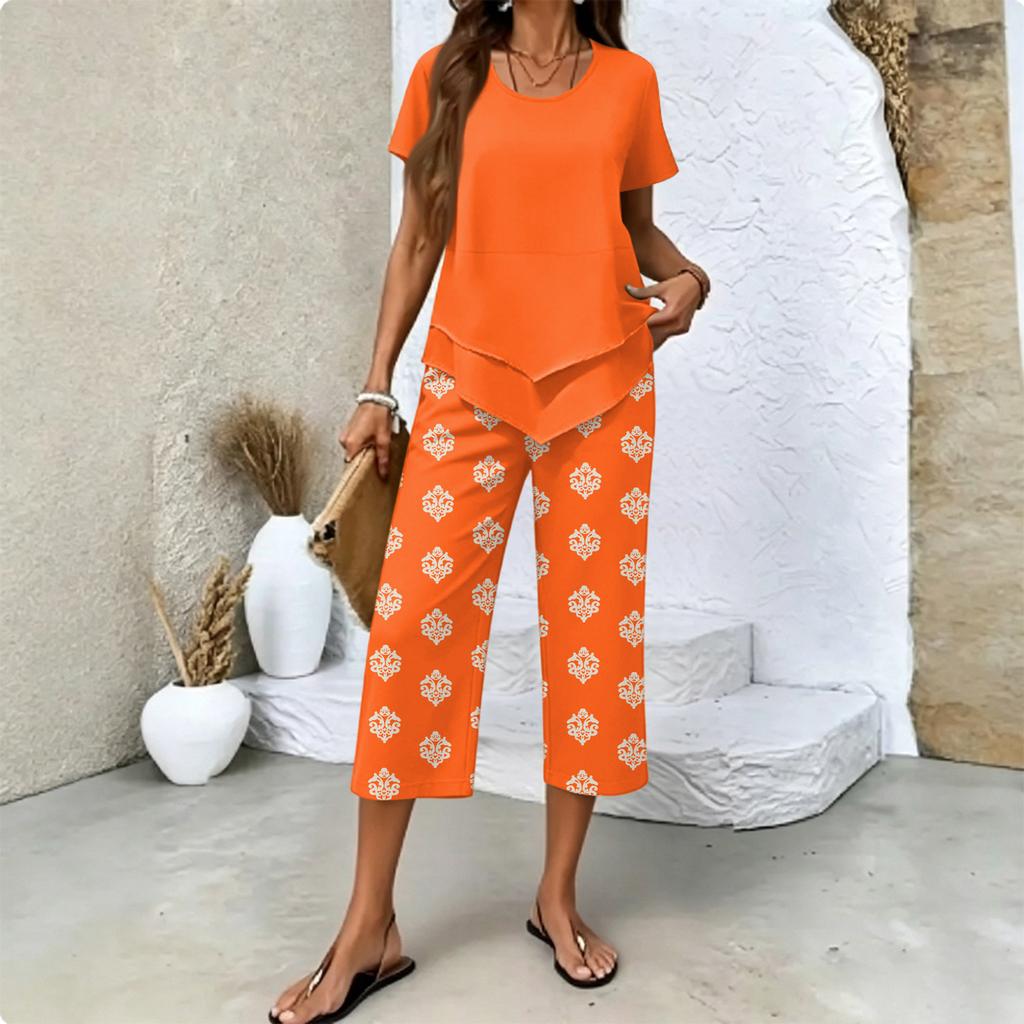 Women's Casual Printed T-Shirt and Pants Set Summer Fashion 2 Piece Outfit