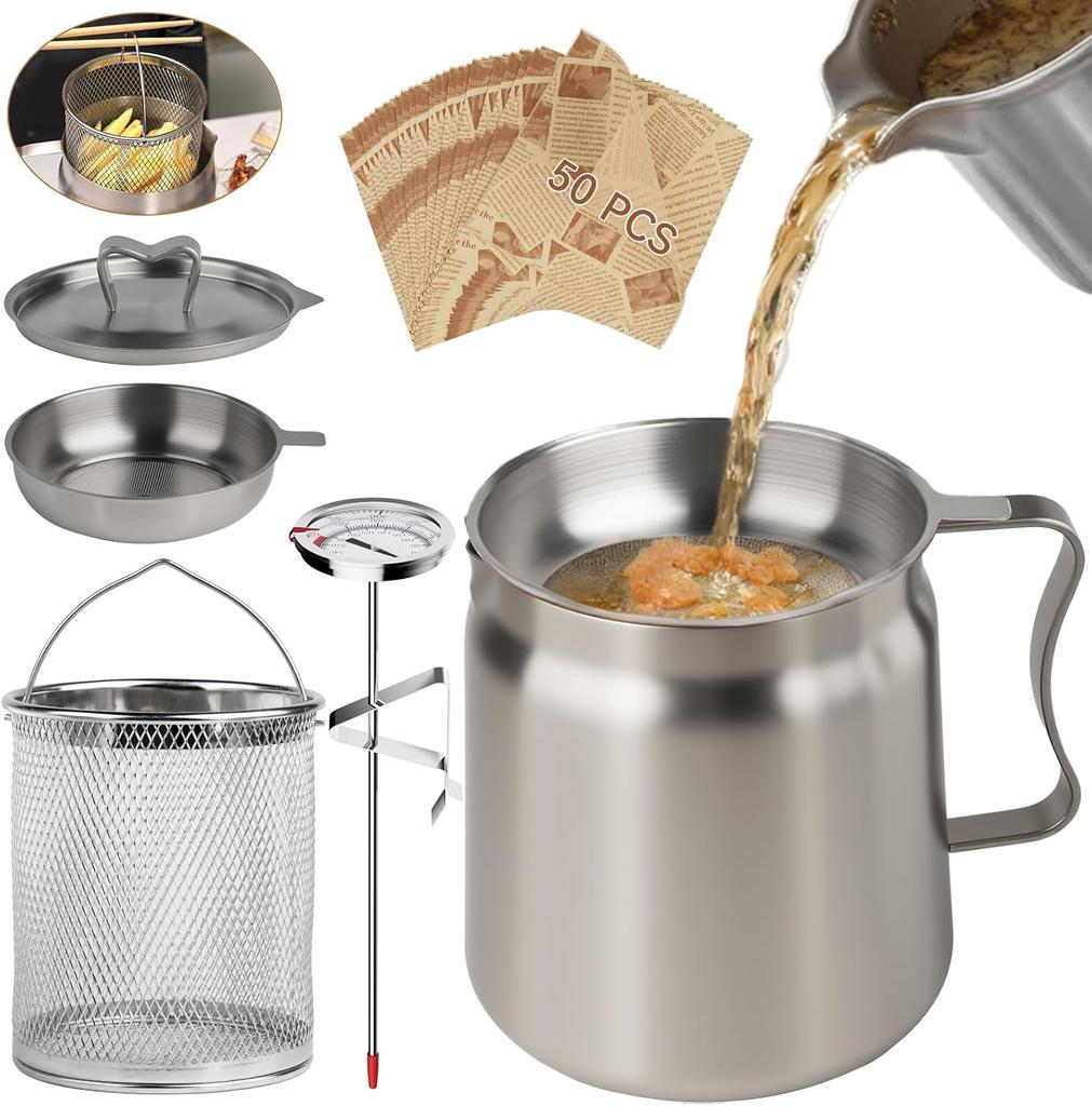 Oil Filter Pot Bacon Grease Saver with Strainer, Large Capacity Fryer Pot with Basket,Cooking Thermometer & 50 Wax