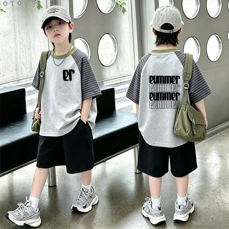 Boys' Cotton Striped T-Shirt Set - Short-Sleeve, Summer Style, Loose Fit, Color Block, Two-Piece for Kids