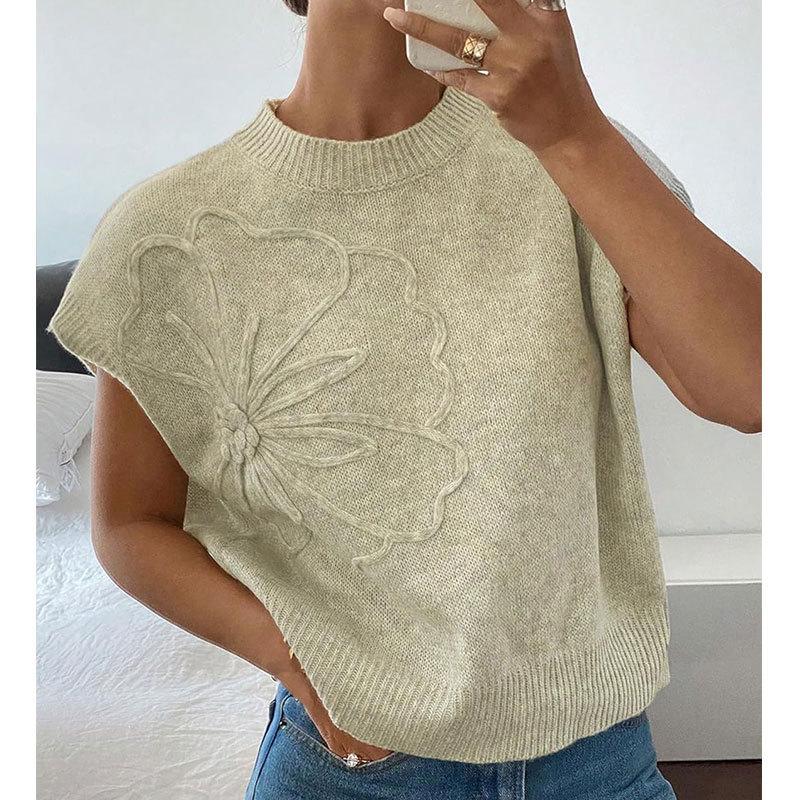 New European and American Loose Women's Sweater Solid Color Knitted Embroidered Sleeveless Vest