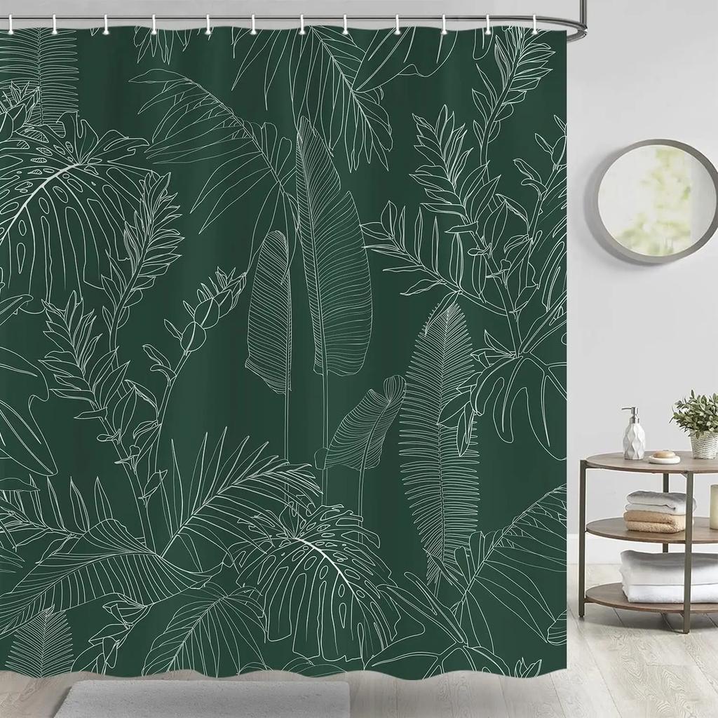Green Shower Curtain, Bathroom Shower Curtain With Elegant Tropical Leaves And Flowers, Minimalist Plant Fabric Shower Curtain,
