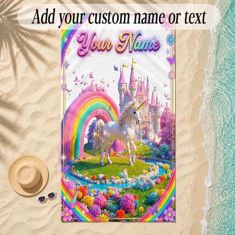 Unicorn Theme Soft Beach Towel Personalized Custom Name Text Towel Portable for Beach Pool Travel