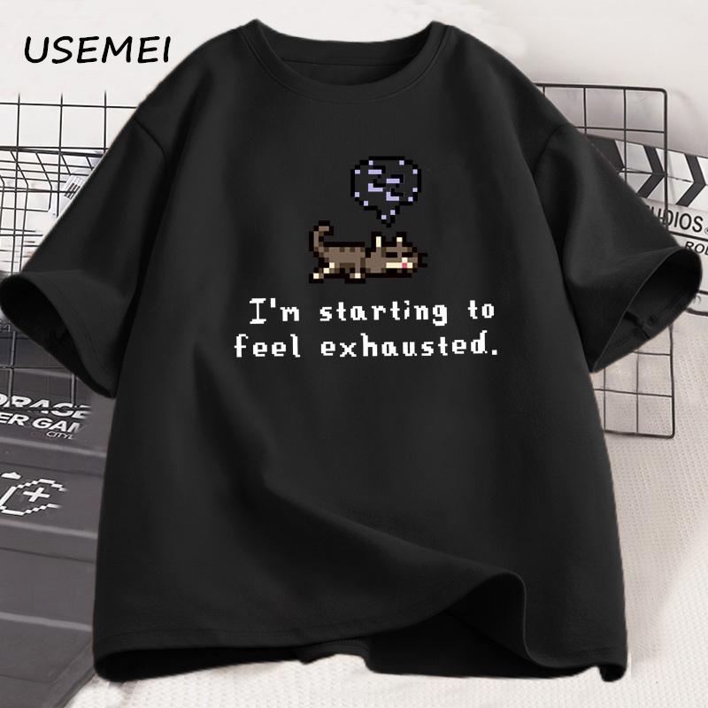 Ich fange an, mich erschöpft zu fühlengraphische T-Shirts Stardew Valley Schläfliche Katze Druck T-Shirt Gamer Liebhaber Baumwolle Kurzarm T-Shirt