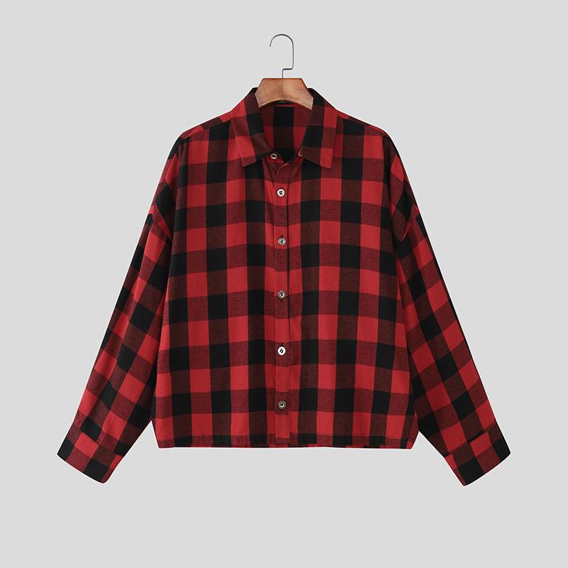 INCERUN S-XXXXXL Men Turn Down Collar Long Sleeve Plaid Loose Casual Shirts