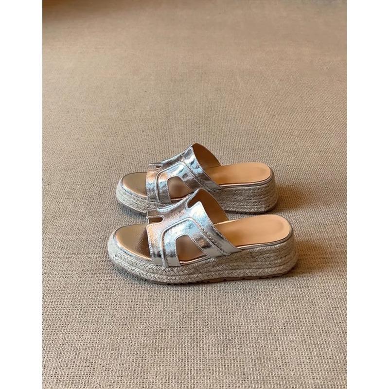 Sheepskin Version~ Genuine Leather Ruth Thick-soled One-word Slippers for Women's Summer Wear Straw-woven Muffin Shoes, High-heeled Cool Slippers