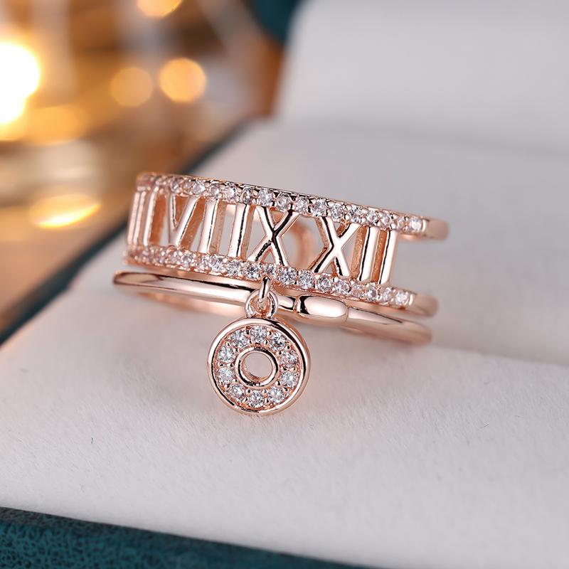 Luxury Simple Fashion Gold Color Roman Numerals Zircon Open Ring for Women Adjustable Index Finger Ring Engagement Wedding Jewelry