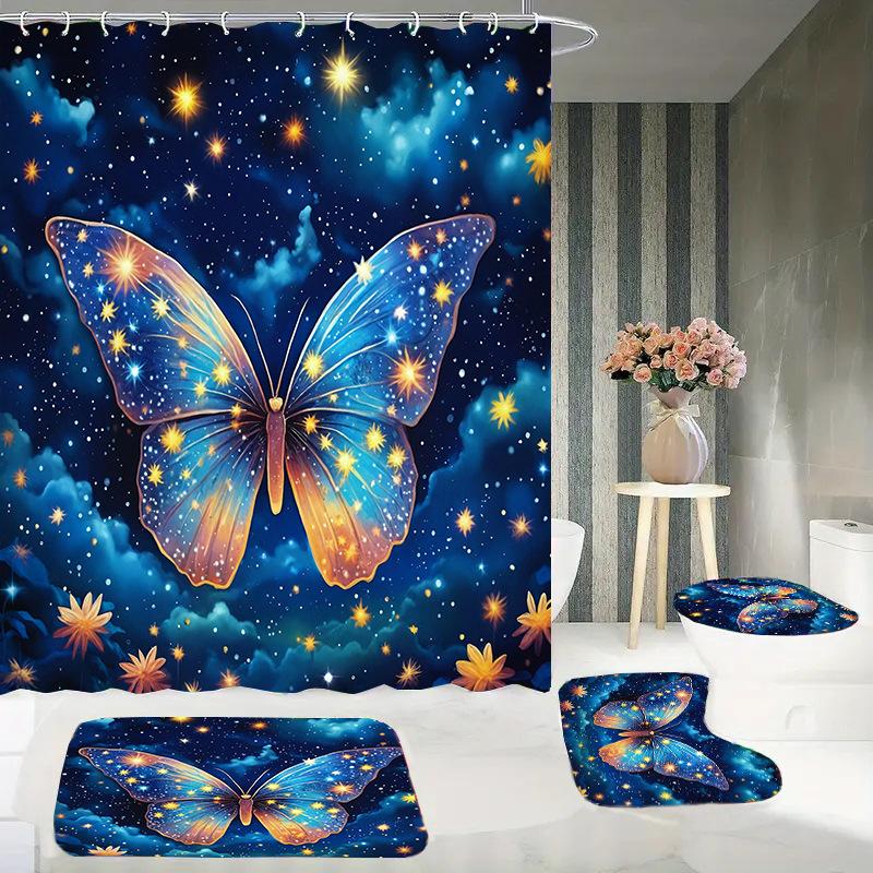 Butterfly Trees, Flowers And Plants, Digital Printing, Shower Curtain, Bathroom Four-Piece Set With Hooks