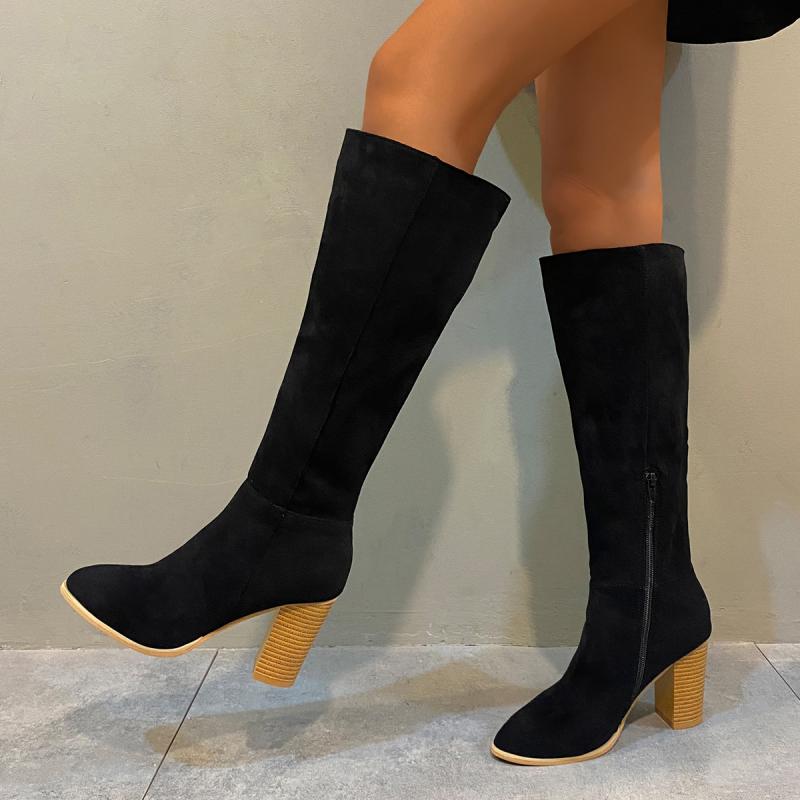 Fashion Retro Knee High Suede Riding Boots Women 2025 Winter Side Zipper Super High Heels Western Cowboy Boots Warm Plush Leather Shoes