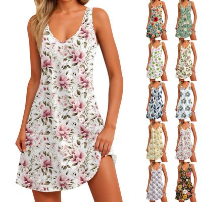 Women's Casual Sundress With Pockets Summer Boho Beach Dress Floral Blouses For Women T-Shirts Dress V Neck Loose Tank Dresses