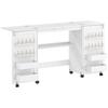 Foldable Sewing Table with 2 Magnetic Doors, Rolling Craft Table with 4 Boxes, 20 Holding Pins, Storage Compartment, White