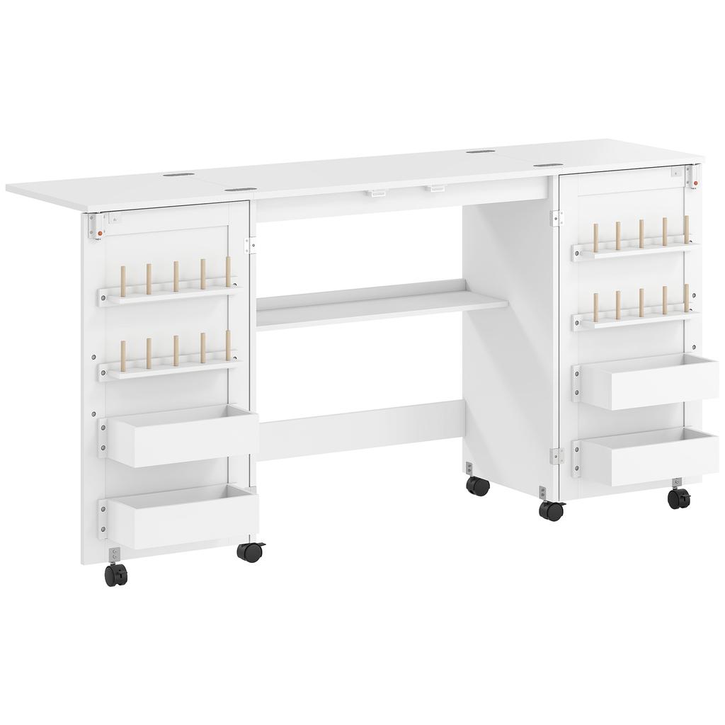 Foldable Sewing Table with 2 Magnetic Doors, Rolling Craft Table with 4 Boxes, 20 Holding Pins, Storage Compartment, White