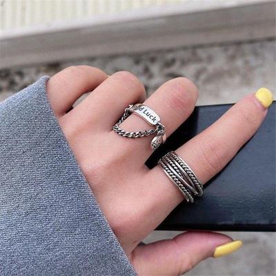 Silver Color Vintage Layered Women Men Party Jewelry Cute Lucky Face Finger Bague Multi-layer Adjustable Chain Rings