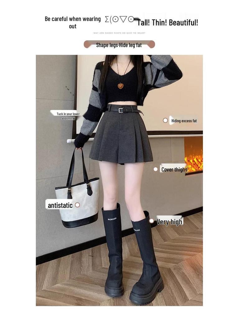 Women's Khaki Wool Pleated Shorts, High Waist, A-line, Loose Fit, Autumn/Winter 2025 Collection