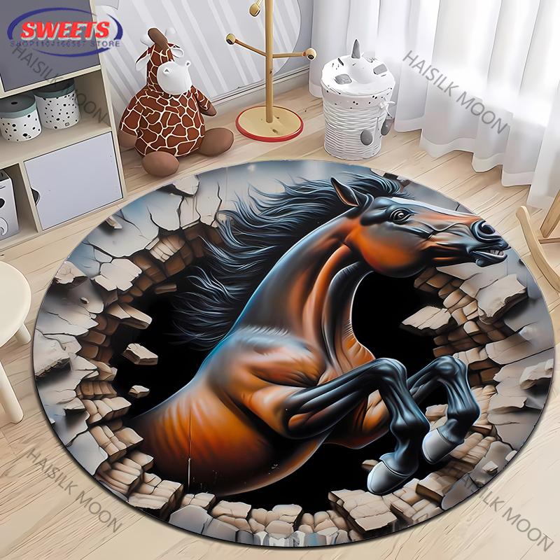 Super Shocking 3D Space Art Horse Printed Round Rug, Chair Carpet, Children Playing Mat Living Room Bedroom Rug,Non-slip Doormat
