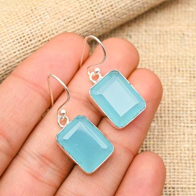 Pretty Blue Chalcedony Gemstone Handmade 925 Solid Sterling Silver Jewelry Earrings For Her
