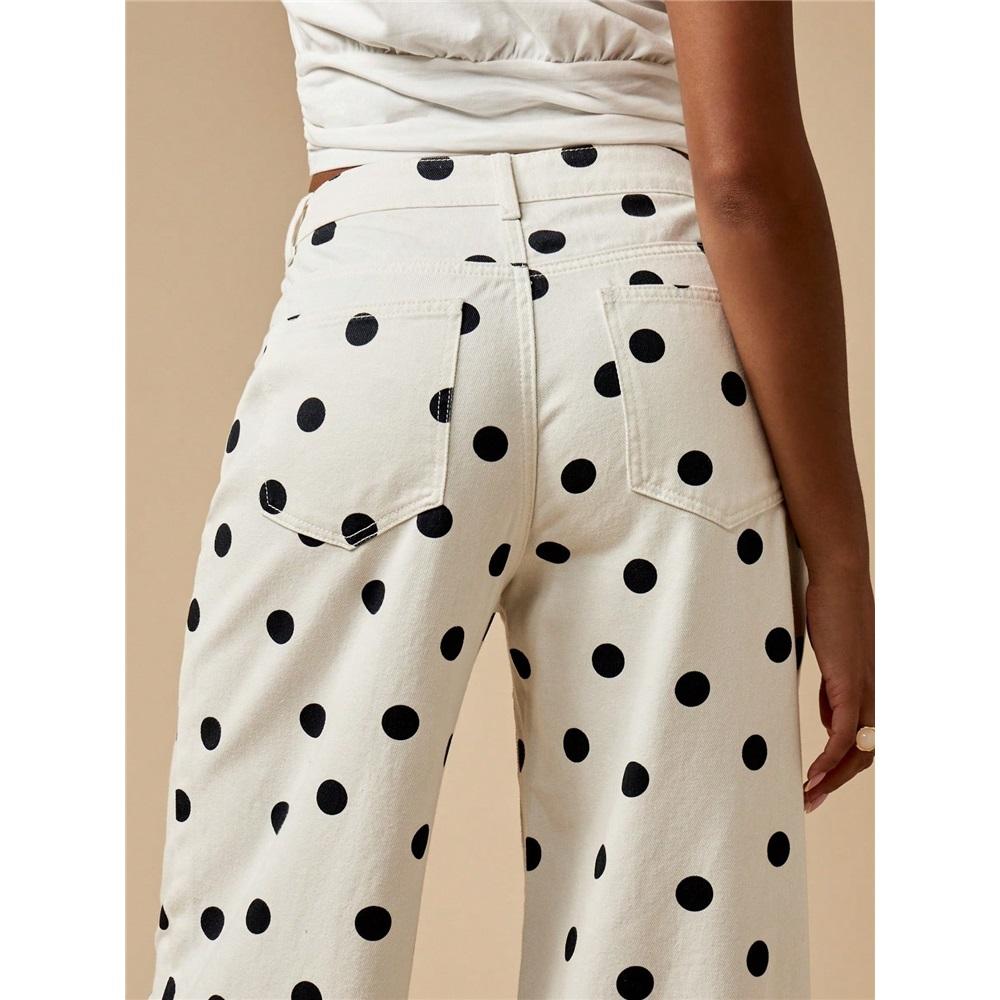 Fashionable Women's Polka Dot Loose Casual Mid-waist Denim Trousers