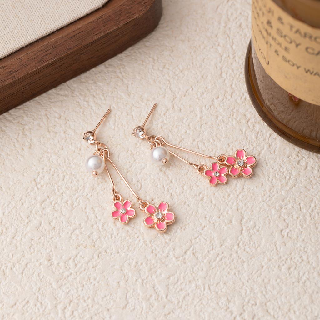 Pearl Pink Cherry Blossom Stud Earrings Femininity Sweet Diamond Earrings Niche Design Cute Small Fresh Earrings