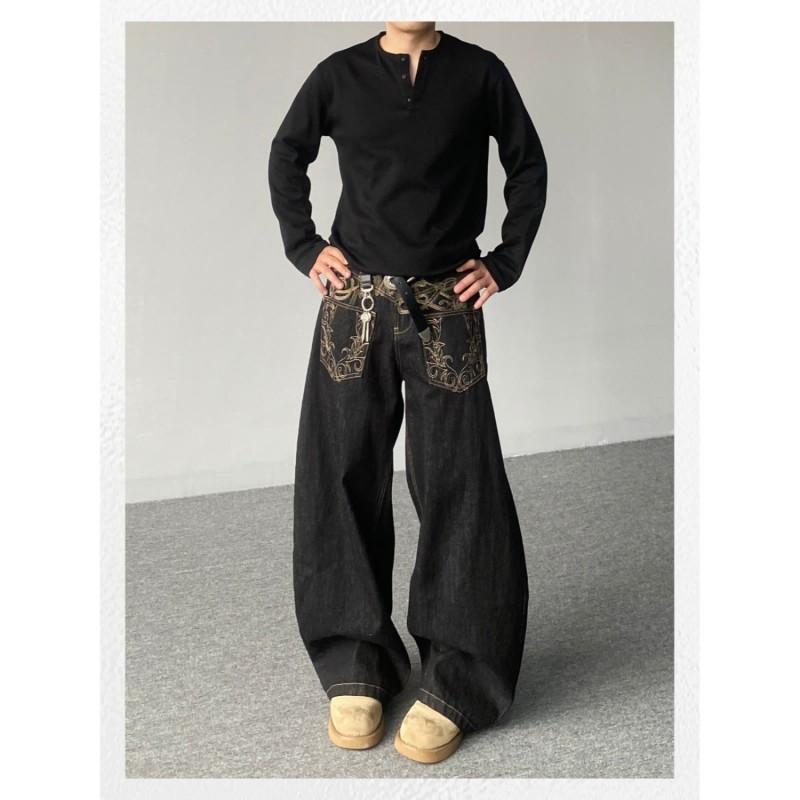 American Style High Street Embroidered Baggy Jeans Men Women Wide Leg Denim Pants