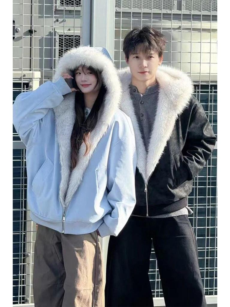 American Style PU Leather Fur Collar Cotton Jacket - Unisex Winter Outerwear, Velvet Lined, Thickened for Warmth.
