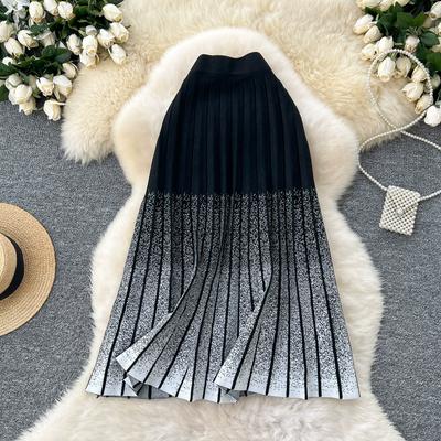 Autumn Winter Women Gradient Colour Knitted Sweater Pleated Skirt