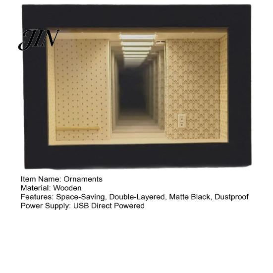 Double-layer Mirror Frame Wooden Backrooms Style Night Light, Infinite Effect Tabletop Lamp, Matte Black Photo Box Dustproof Ambient Light Box,