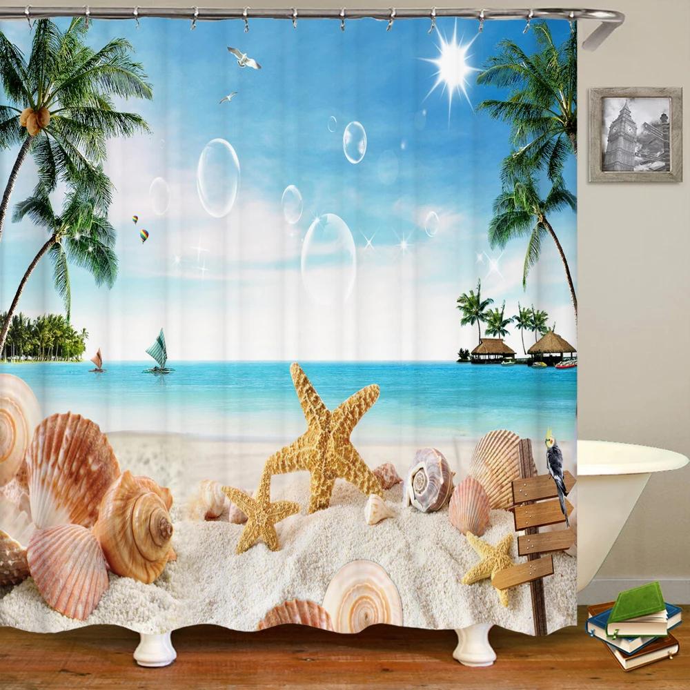 Nature Landscape Shower Curtain 3D Dolphin Shell Beach Scenery Bathroom Curtain Home Decor Waterproof Polyester Bath Accessories