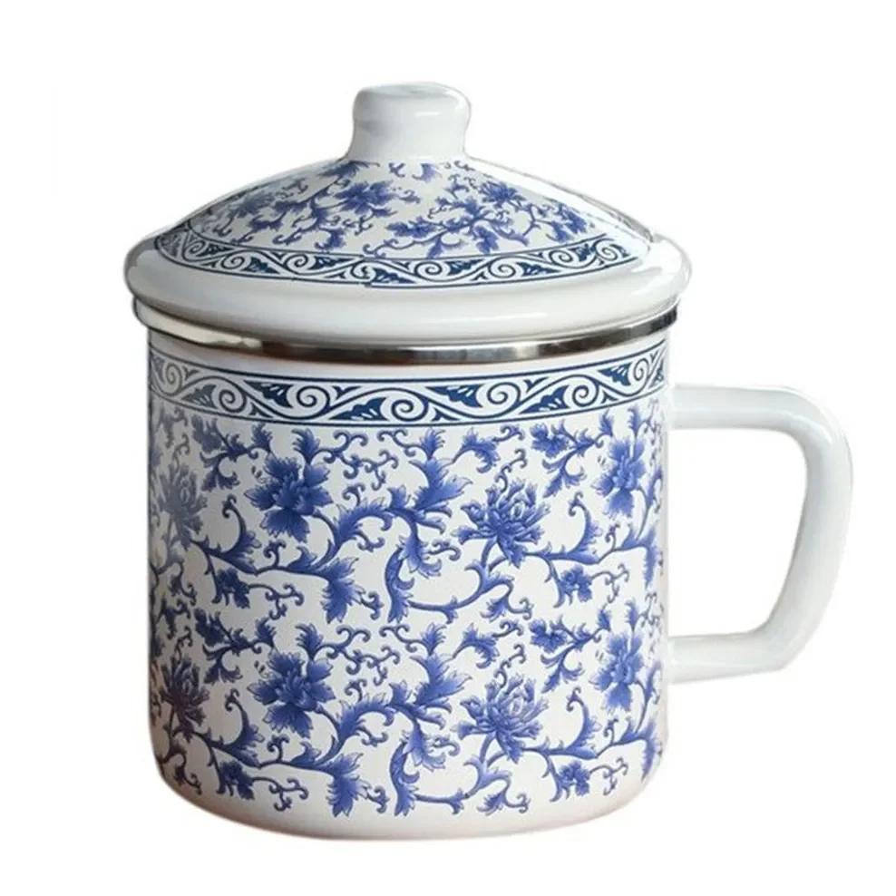 700ML Enamel Cup Chinese Style Blue And White Porcelain Tea Mug With Lid 10CM Caliber Office Teacup Nostalgic Enamel Mug 601-700ml